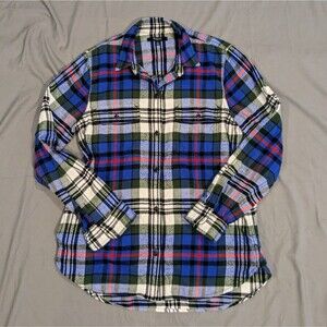 Madewell Size Small Flannel Top Womens Blue Plaid Shirt White Green LS Button